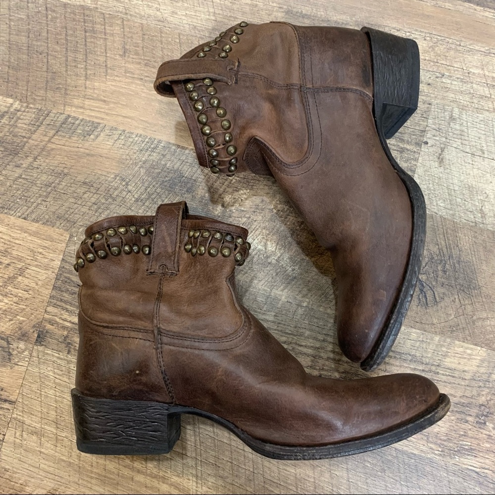 Frye Brown Diana Cut Stud Short Leather Vintage Cowboy Boot W/Brass Colored Stud